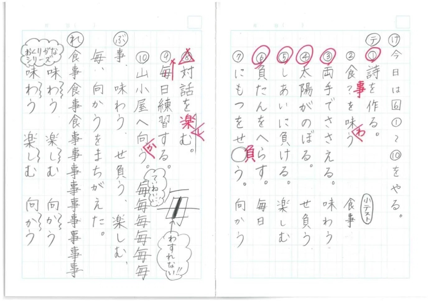 漢字けテぶれをノートにどう書くかを示す実物見本